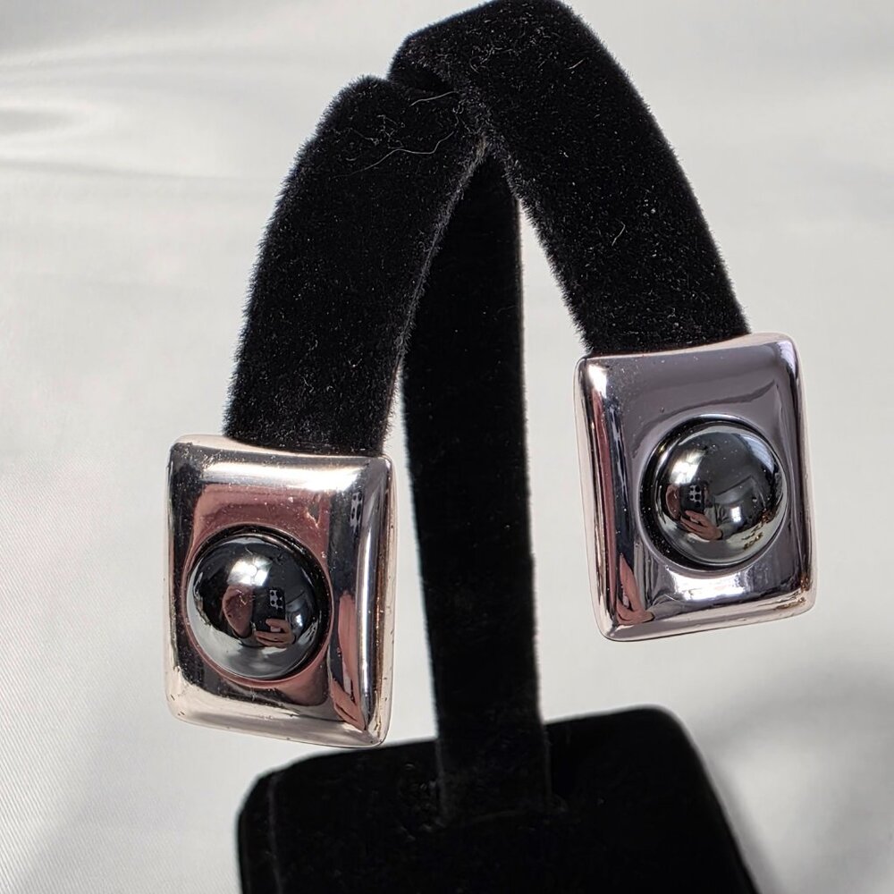 Vintage Signed Monet Clip On Earrings Silver Tone Rectangle & Spherical Center